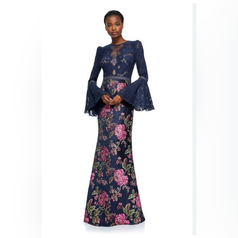 Tadashi Shoji Navy and Pink Floral Lace Gown